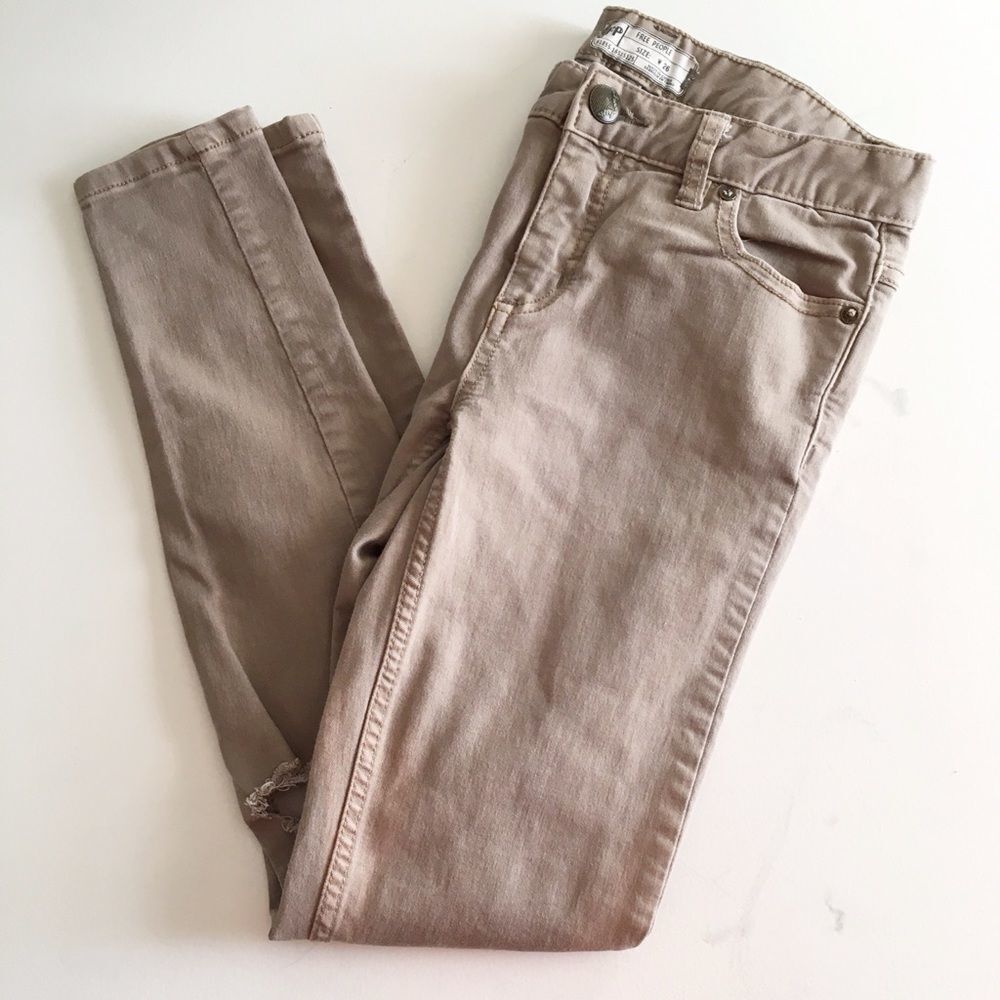 Free People Khaki Brown Distressed Knee Skinny Moto Jeans Size 26 Boho Festival